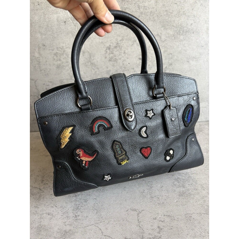 COACH Mercer Satchel 30 In Grain Leather W/ Souvenir Embroidery Black Hand Bag